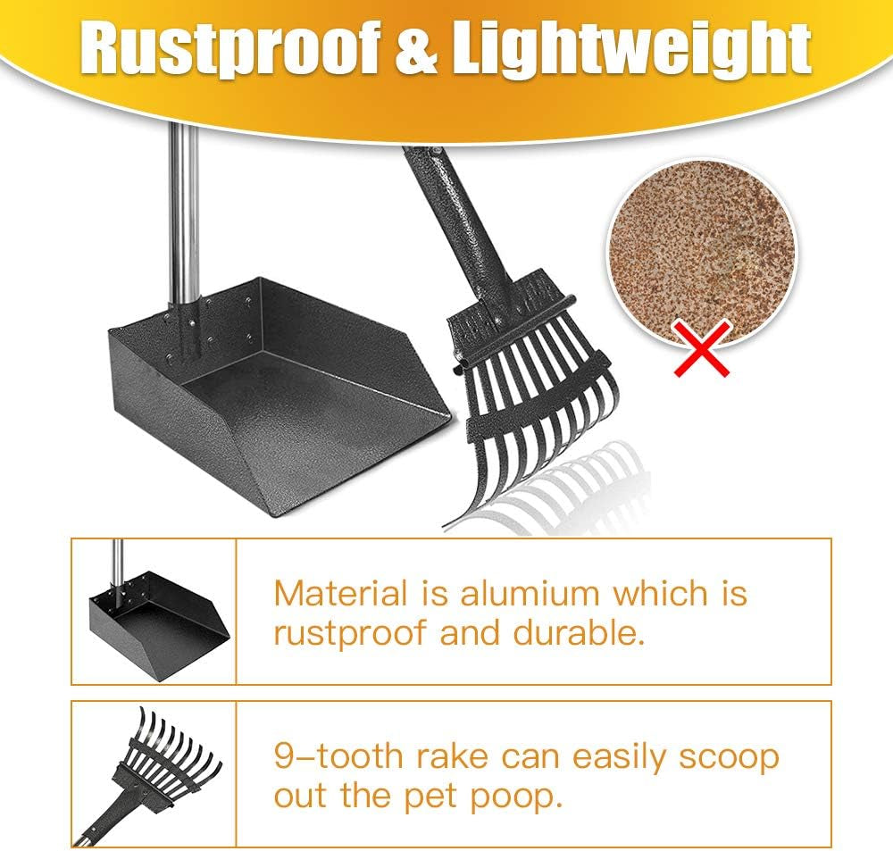 pooper scooper, dog pooper scooper long handle stainless metal tray and rake for medium small dogs heavy duty pet supplies to use for grass, dirt or gravel