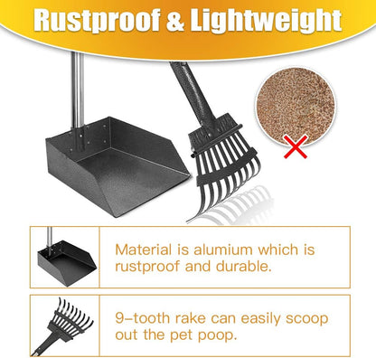 Pooper Scooper, Dog Pooper Scooper Long Handle Stainless Metal Tray and Rake for Medium Small Dogs Heavy Duty Pet Supplies to Use for Grass, Dirt or Gravel