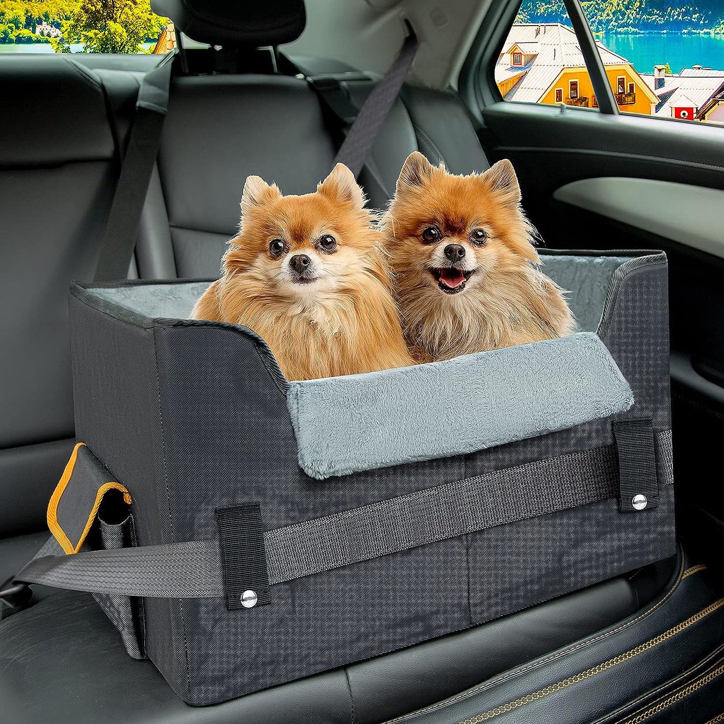 dog car seat for small dogs, elevated dog booster seat pet travel carrier bed for car with adjustable straps pet car booster seat for small dogs cats