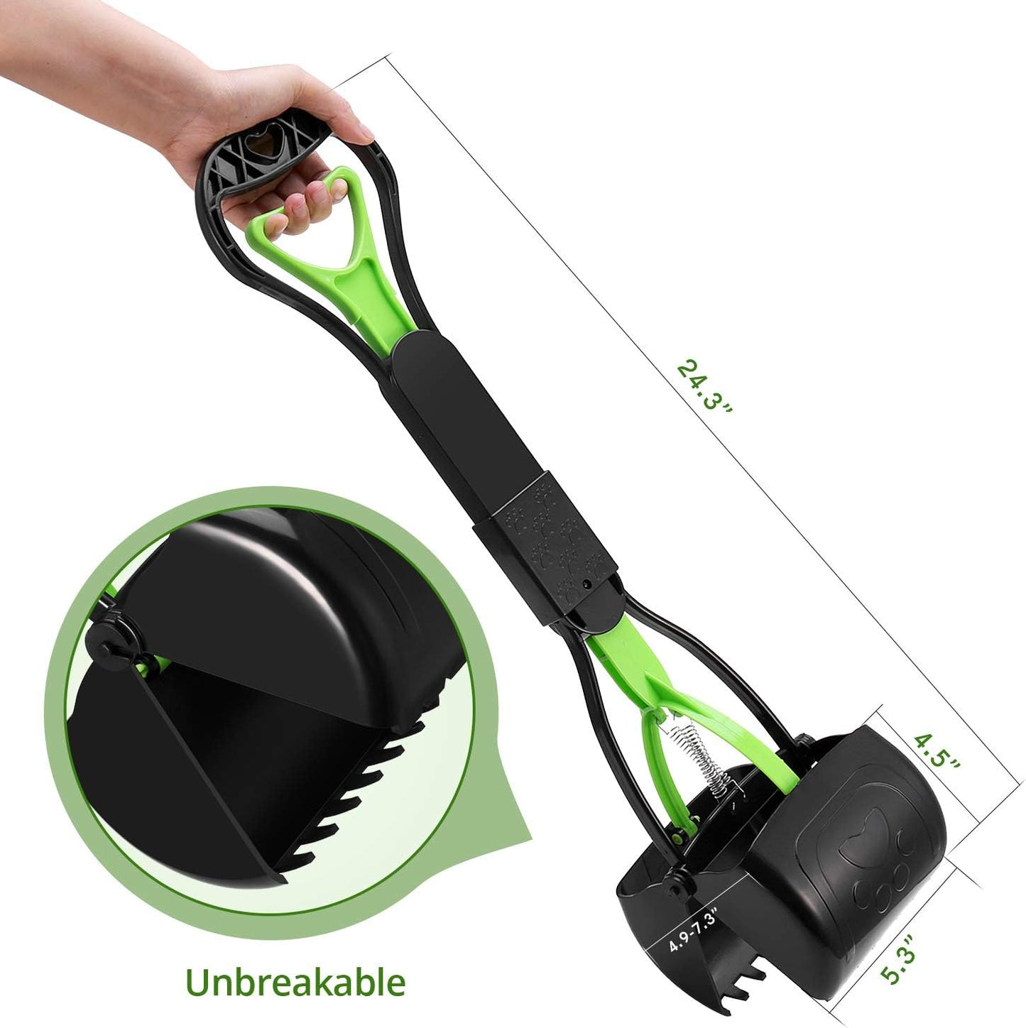 non-breakable pet pooper scooper for dogs and cats with long handle high strength material and durable spring for easy grass and gravel pick up