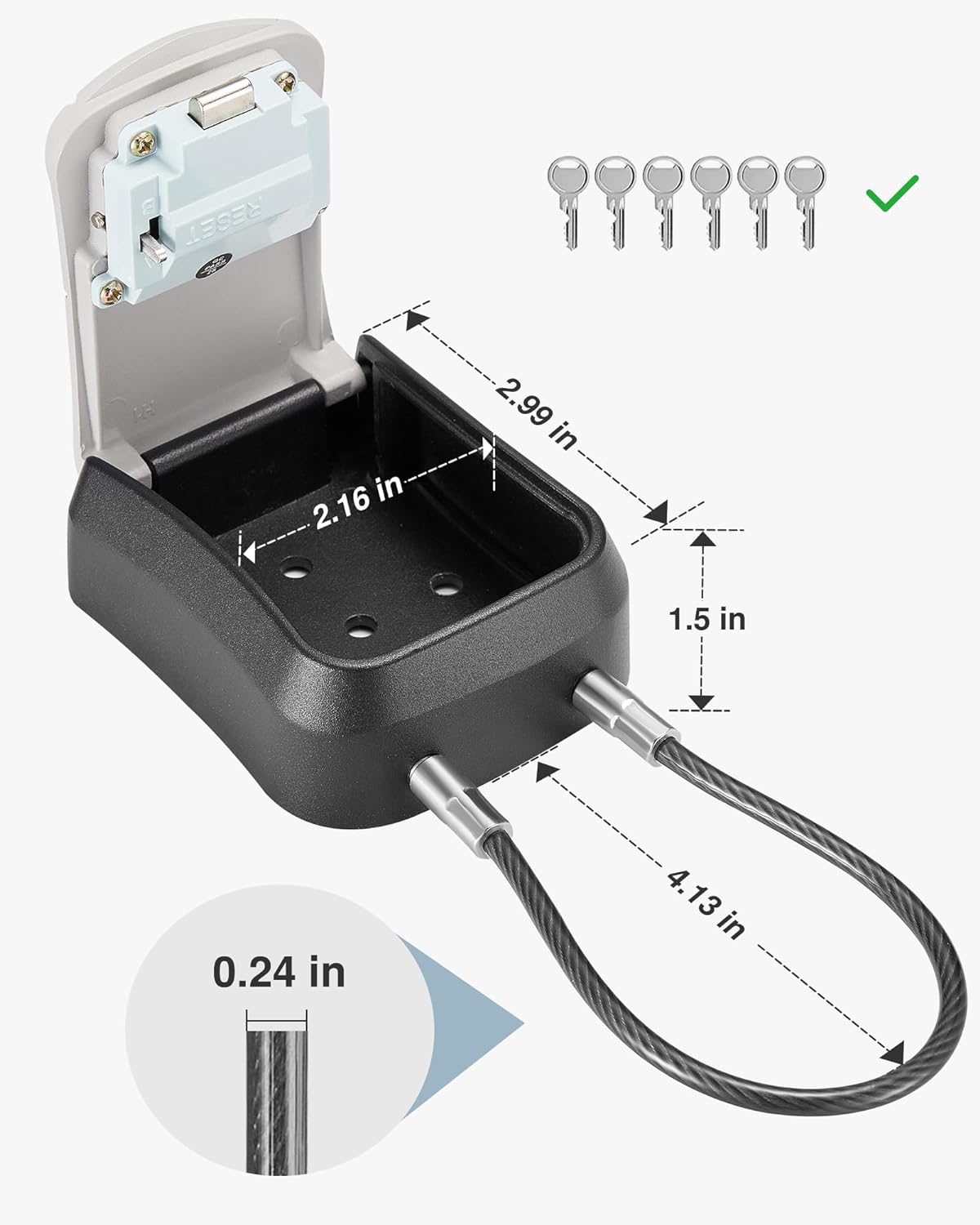 Portable Key Lock Box with Removable Cable Handle - Wall-Mounted Resettable Combination Lock for Home, Office, and Apartment Key Storage (Grey)