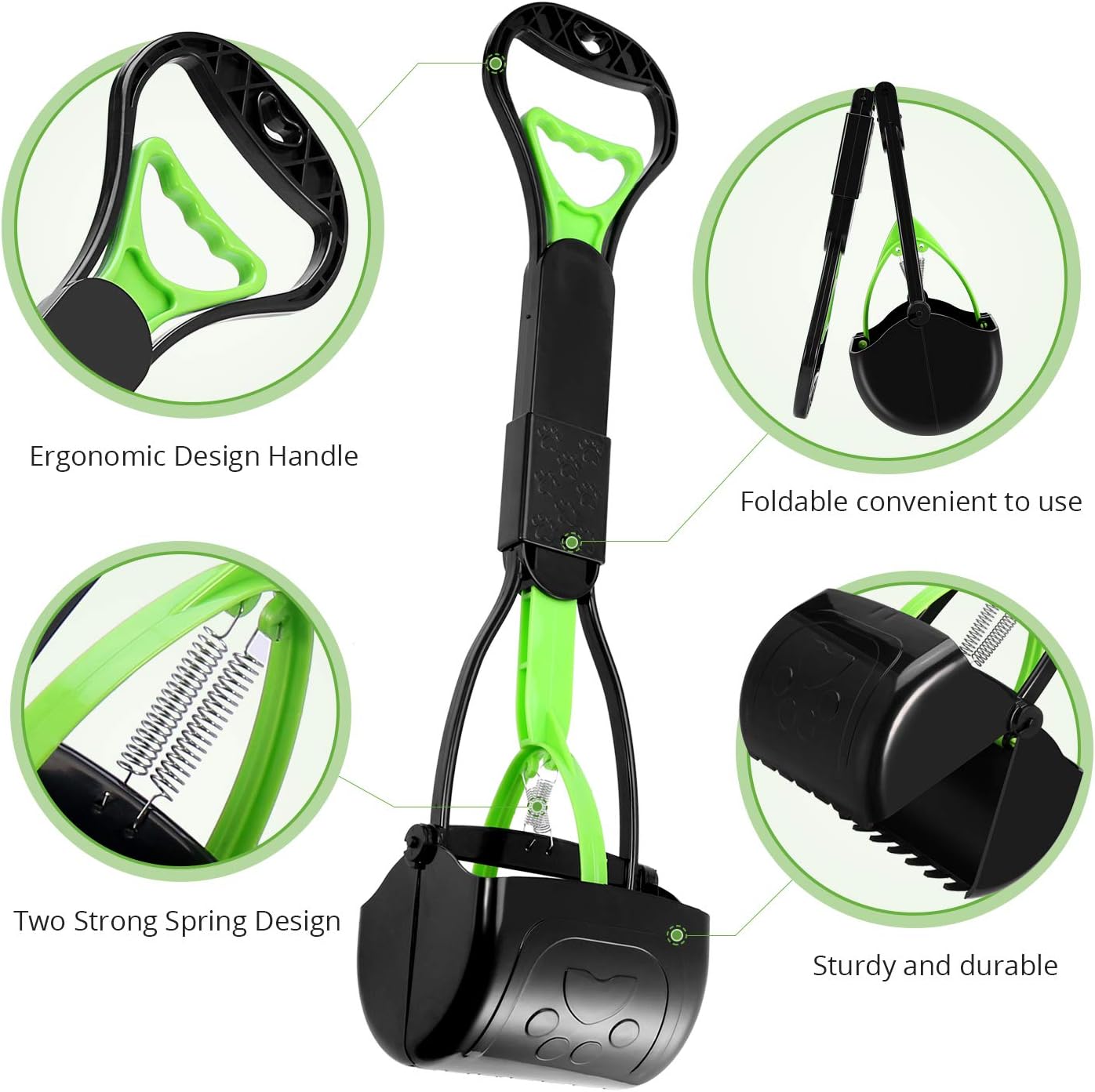 non-breakable pet pooper scooper for dogs and cats with long handle high strength material and durable spring for easy grass and gravel pick up