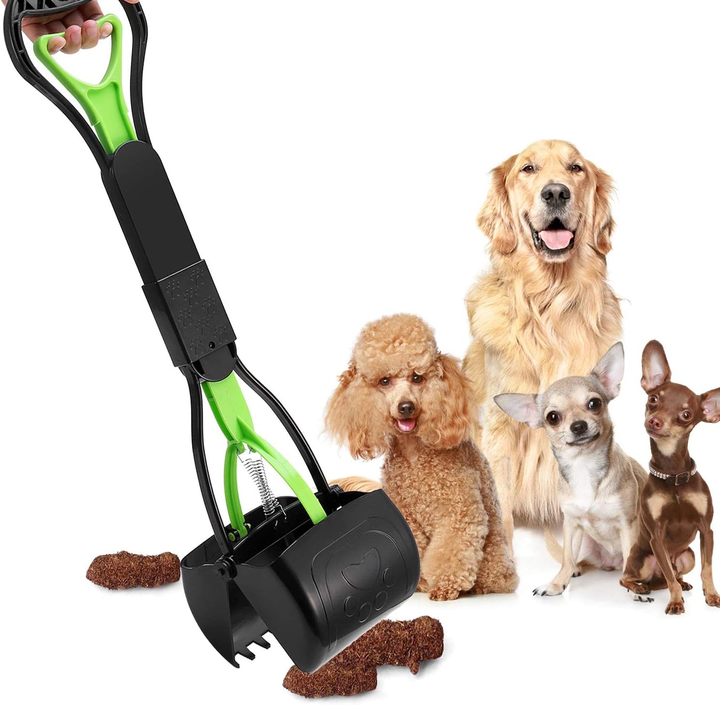 non-breakable pet pooper scooper for dogs and cats with long handle high strength material and durable spring for easy grass and gravel pick up