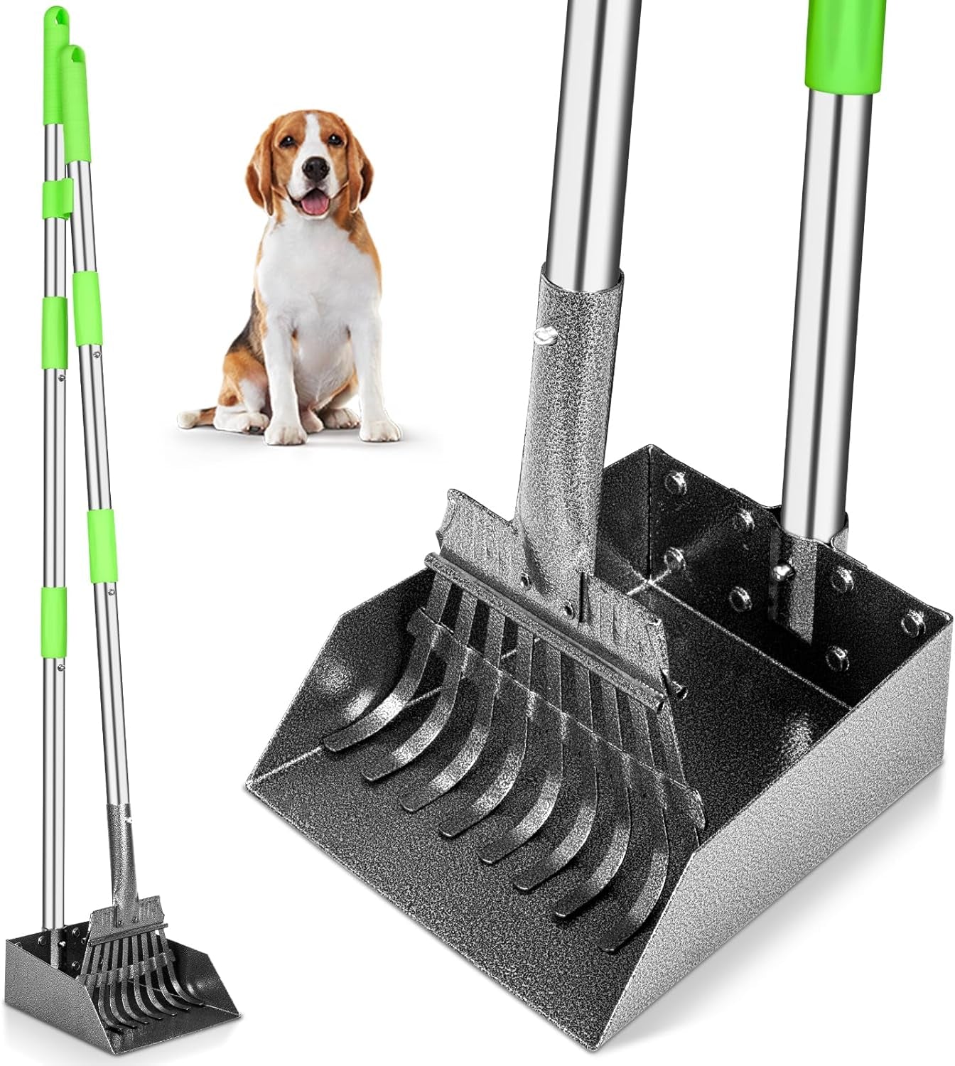 pooper scooper, dog pooper scooper long handle stainless metal tray and rake for medium small dogs heavy duty pet supplies to use for grass, dirt or gravel