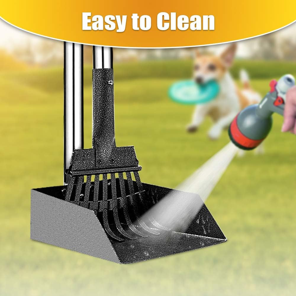 pooper scooper, dog pooper scooper long handle stainless metal tray and rake for medium small dogs heavy duty pet supplies to use for grass, dirt or gravel