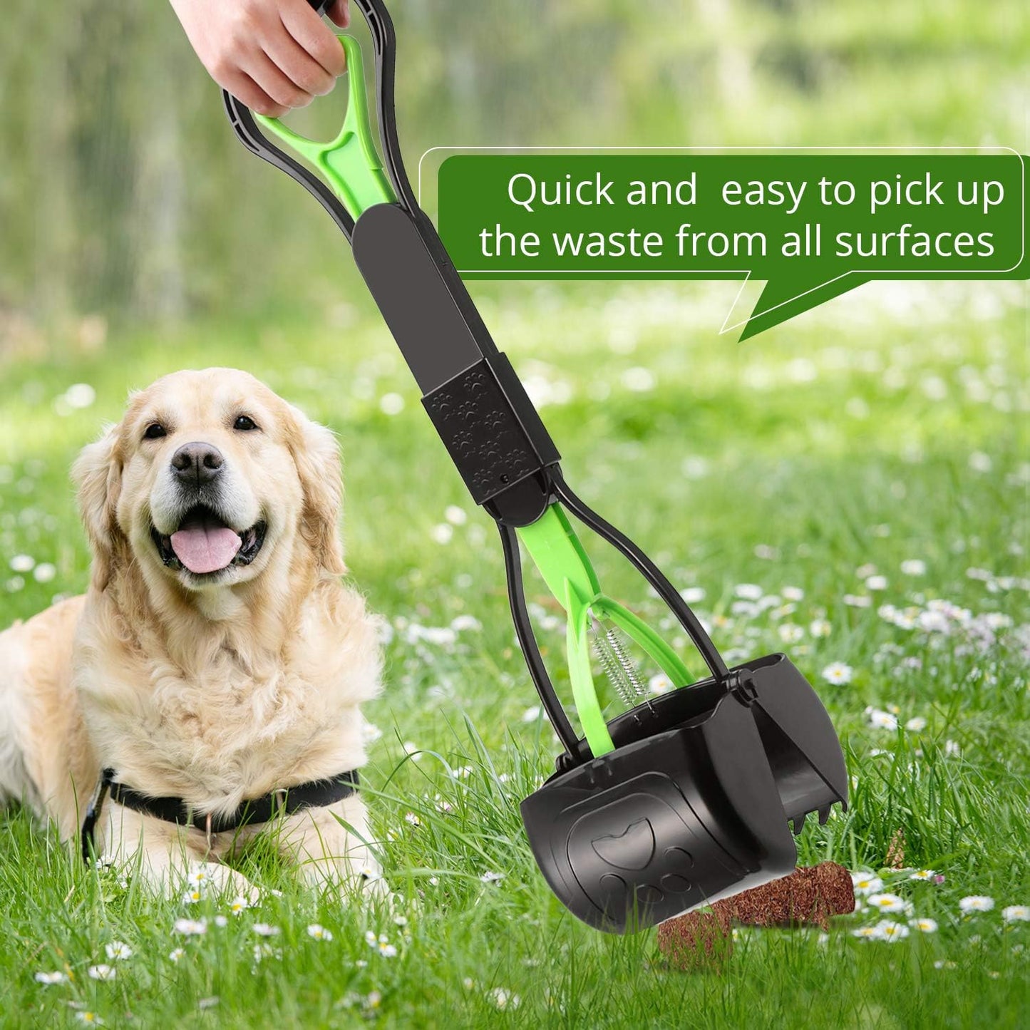 non-breakable pet pooper scooper for dogs and cats with long handle high strength material and durable spring for easy grass and gravel pick up