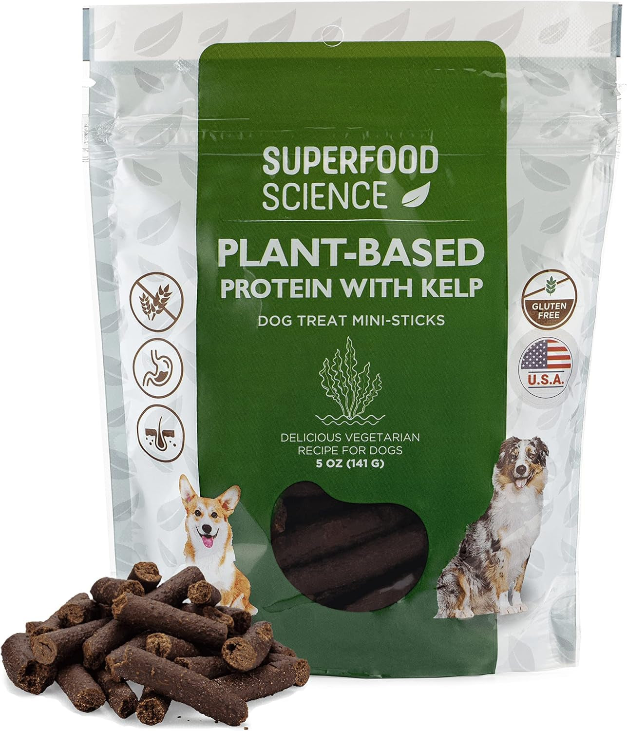 hypoallergenic healthy dog treats: plant-based vegetarian dog snacks w/ kelp, sweet potato, chia, flaxseed, coconut oil for skin & coat, grain & gluten-free vegan protein dog treats training, 5 oz