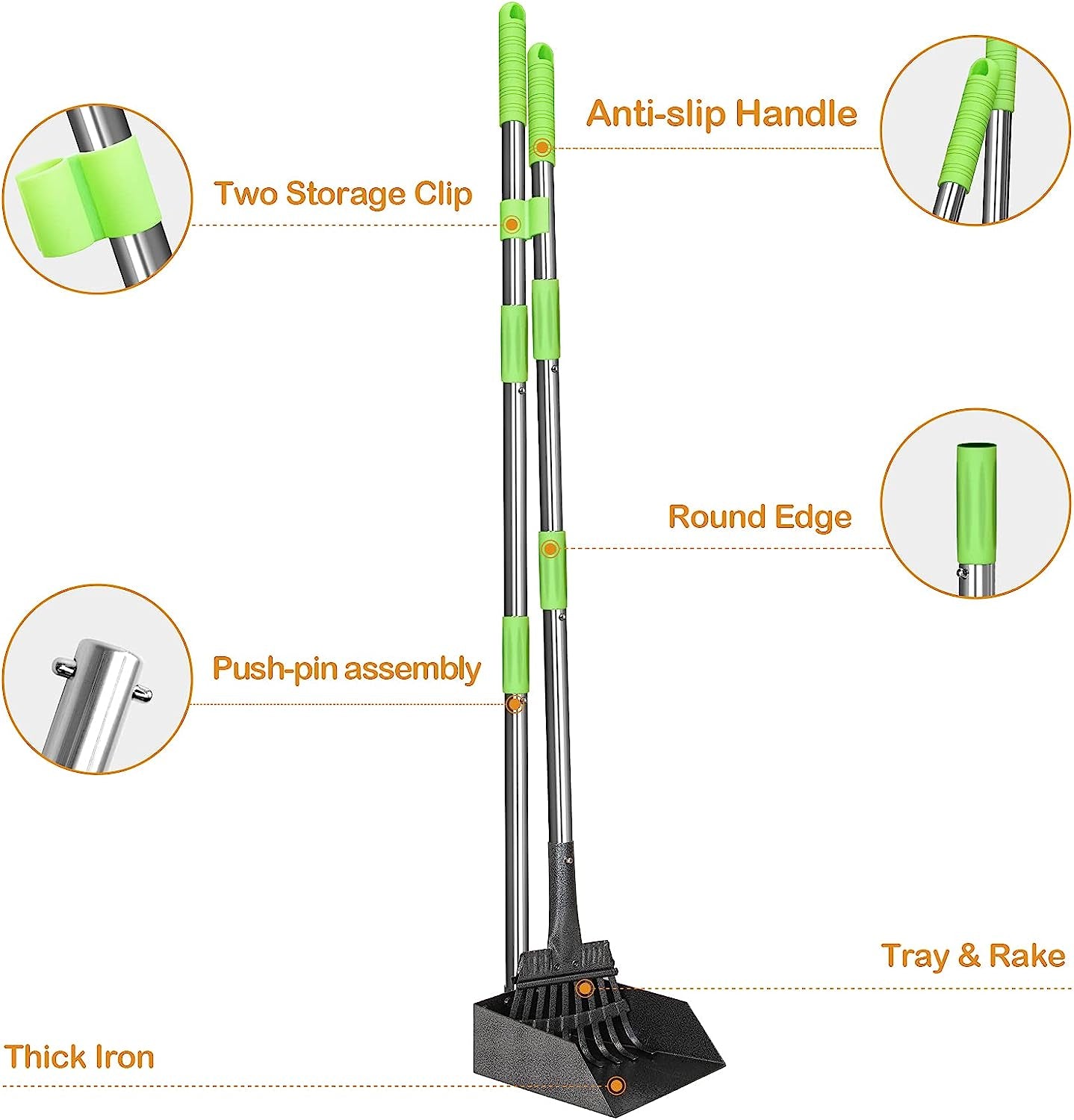 pooper scooper, dog pooper scooper long handle stainless metal tray and rake for medium small dogs heavy duty pet supplies to use for grass, dirt or gravel