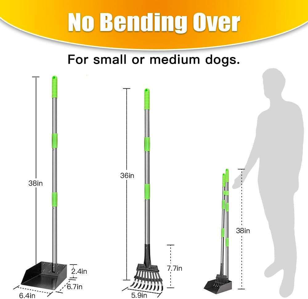 pooper scooper, dog pooper scooper long handle stainless metal tray and rake for medium small dogs heavy duty pet supplies to use for grass, dirt or gravel