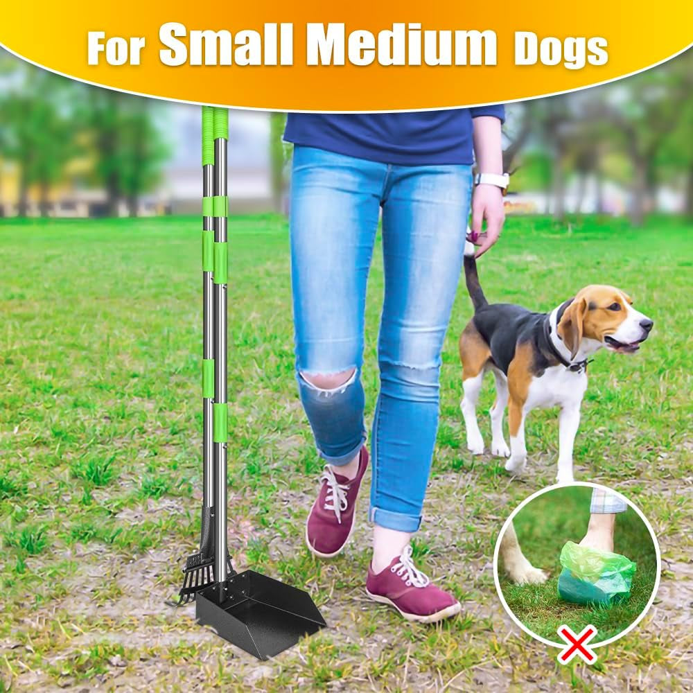 pooper scooper, dog pooper scooper long handle stainless metal tray and rake for medium small dogs heavy duty pet supplies to use for grass, dirt or gravel